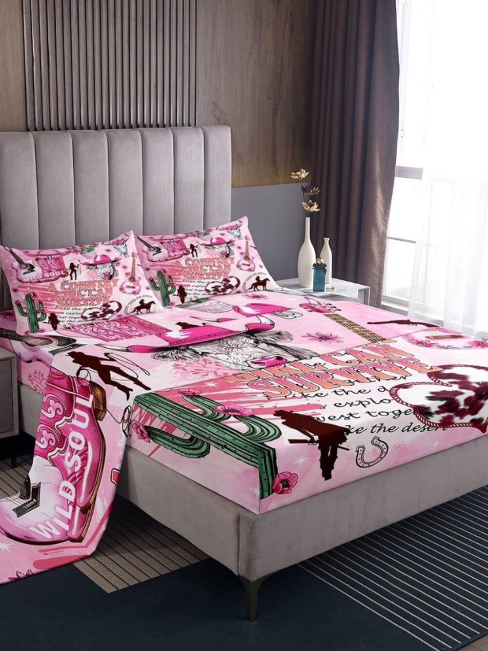 Western Cowboy Cowgirl Bed Sheets Full Size,Cactus Highland Cow Fur Floral Print